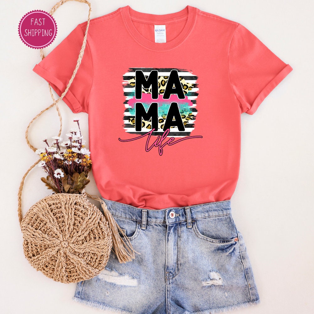Stylish 'MAMA Life' t-shirt with modern brushstroke design and leopard print, a chic and comfy choice for moms this Mother's Day