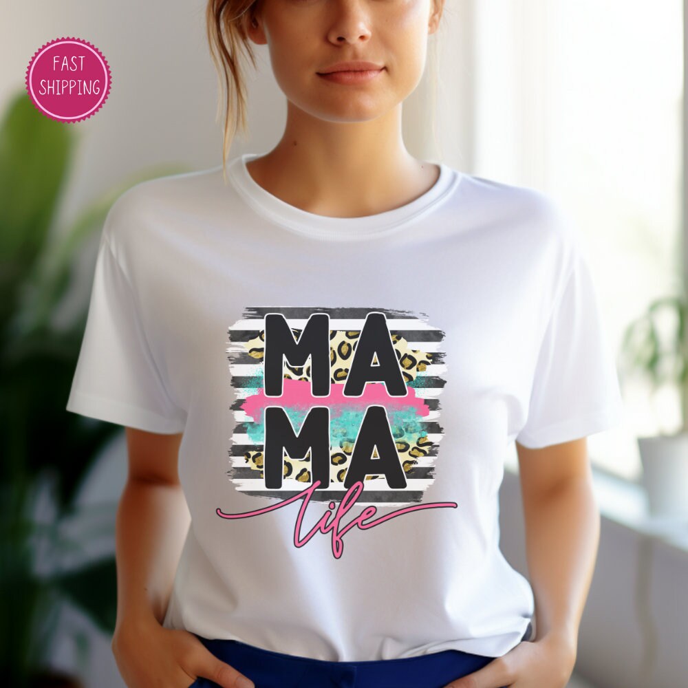 Stylish 'MAMA Life' t-shirt with modern brushstroke design and leopard print, a chic and comfy choice for moms this Mother's Day
