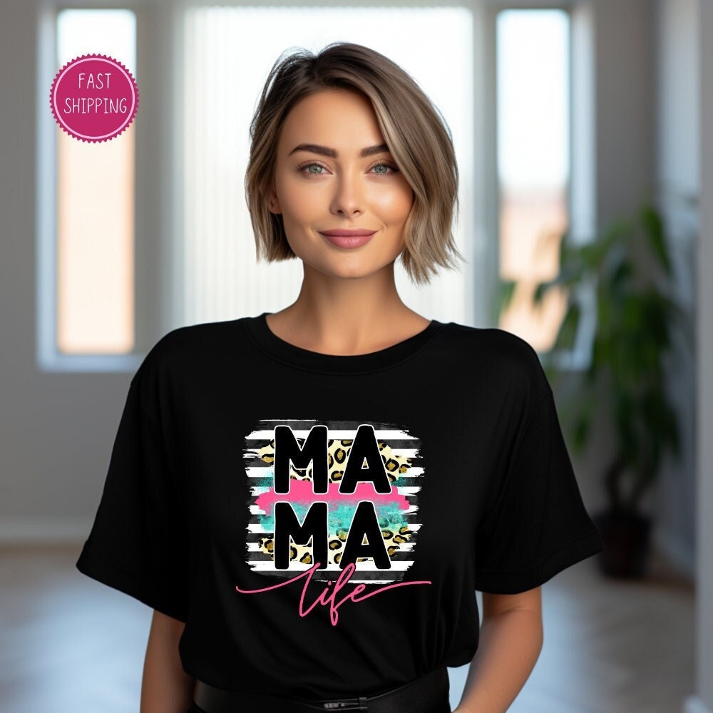Stylish 'MAMA Life' t-shirt with modern brushstroke design and leopard print, a chic and comfy choice for moms this Mother's Day
