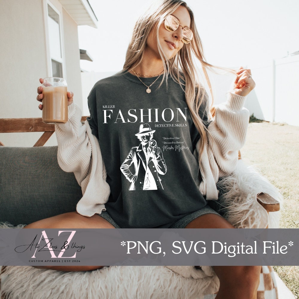 Trendy Detective Chic SVG PNG Digital Download. A must-have for crime junkie fashion lovers. This design showcases a fashionable detective, great for creating apparel, mugs, and more. Ideal for true crime SVG and horror fans.