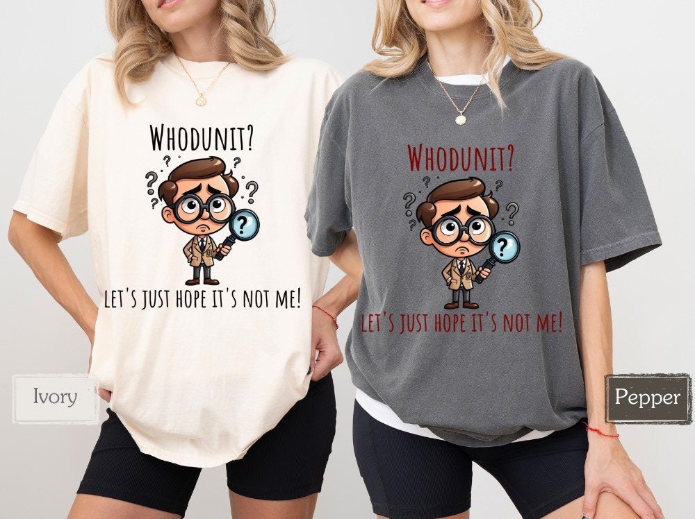 Fun & quirky true crime t-shirt featuring a cartoon detective with a magnifying glass and text 'Whodunit?' Perfect for murder mystery fans, crime show addicts, & booklovers. Ideal birthday gift for crime junkies or anyone who loves detective stories.