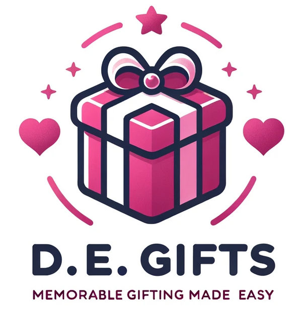 Logo of D.E. Gifts, an online gift shop, featuring a stylized pink gift box with a heart and a bow, and the tagline 'Memorable Gifting Made Easy' in modern, straightforward typography.