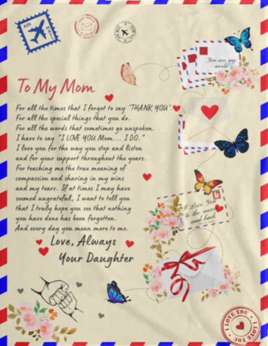 Cozy 'To My Mom from Daughter' blanket with heartfelt message, perfect for Mother's Day. Luxurious, silky fabric ideal for snuggling, showcasing vibrant, lasting colors.