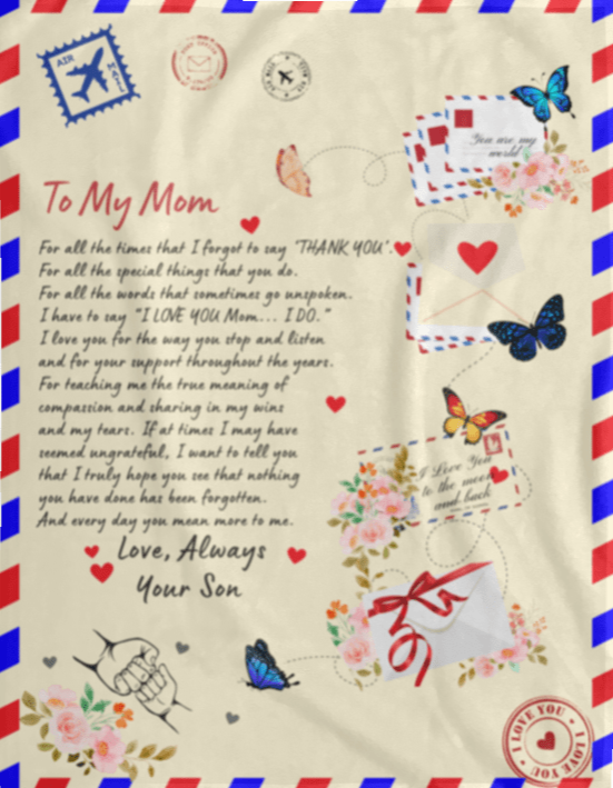 Cozy 'To My Mom from Son' blanket with heartfelt message, perfect for Mother's Day. Luxurious, silky fabric ideal for snuggling, showcasing vibrant, lasting colors.