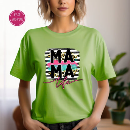 Stylish &#39;MAMA Life&#39; t-shirt with modern brushstroke design and leopard print, a chic and comfy choice for moms this Mother&#39;s Day