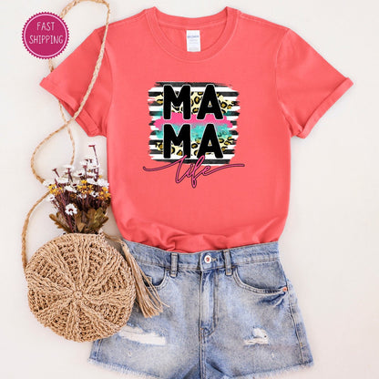 Stylish &#39;MAMA Life&#39; t-shirt with modern brushstroke design and leopard print, a chic and comfy choice for moms this Mother&#39;s Day