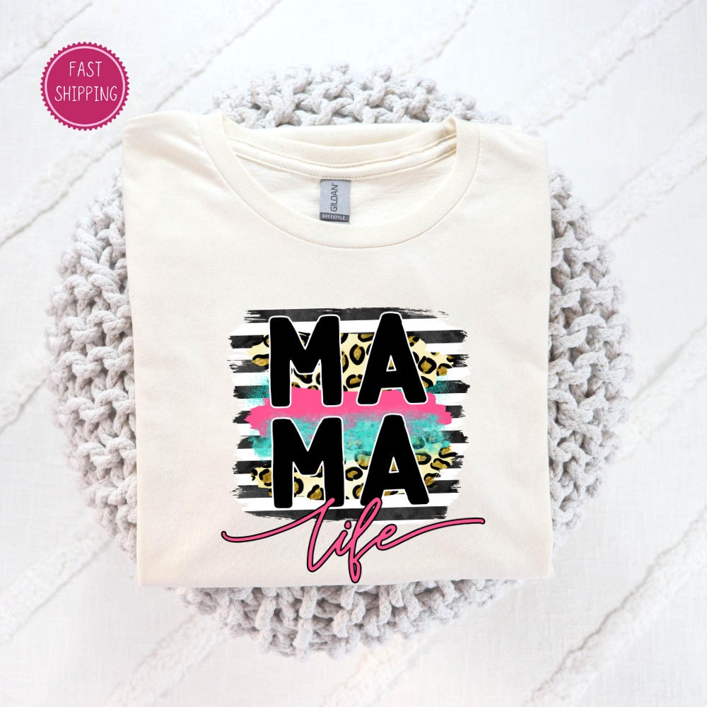 Stylish &#39;MAMA Life&#39; t-shirt with modern brushstroke design and leopard print, a chic and comfy choice for moms this Mother&#39;s Day