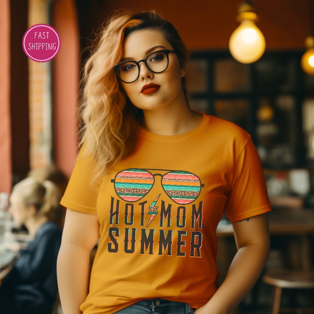 Fun and trendy &#39;Hot Mom Summer&#39; t-shirt with cool sunglasses design, perfect for the stylish mom enjoying summer vibes