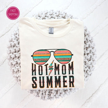 Fun and trendy &#39;Hot Mom Summer&#39; t-shirt with cool sunglasses design, perfect for the stylish mom enjoying summer vibes