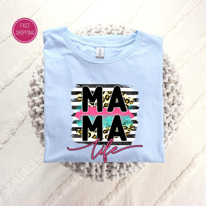 Stylish &#39;MAMA Life&#39; t-shirt with modern brushstroke design and leopard print, a chic and comfy choice for moms this Mother&#39;s Day