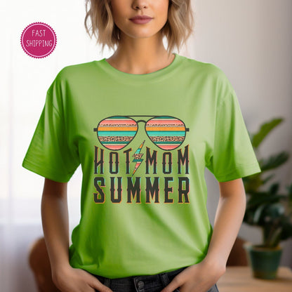 Fun and trendy &#39;Hot Mom Summer&#39; t-shirt with cool sunglasses design, perfect for the stylish mom enjoying summer vibes