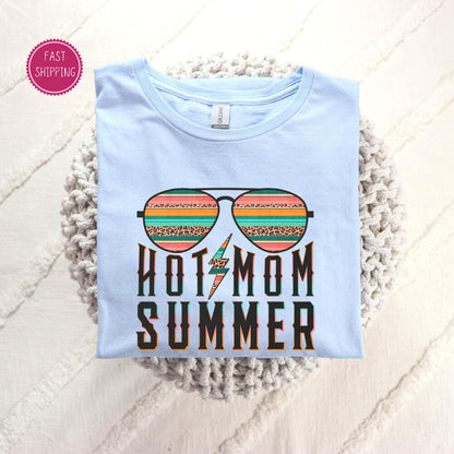 Fun and trendy &#39;Hot Mom Summer&#39; t-shirt with cool sunglasses design, perfect for the stylish mom enjoying summer vibes