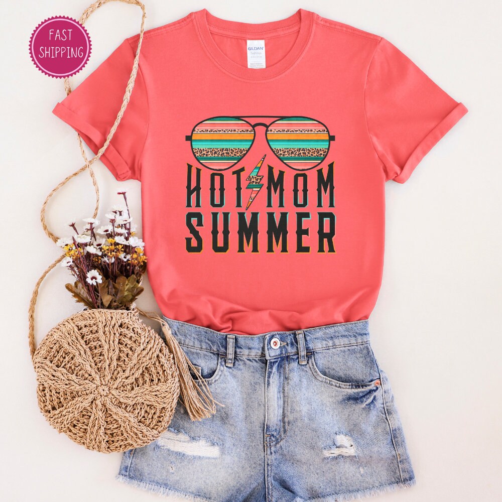 Fun and trendy &#39;Hot Mom Summer&#39; t-shirt with cool sunglasses design, perfect for the stylish mom enjoying summer vibes