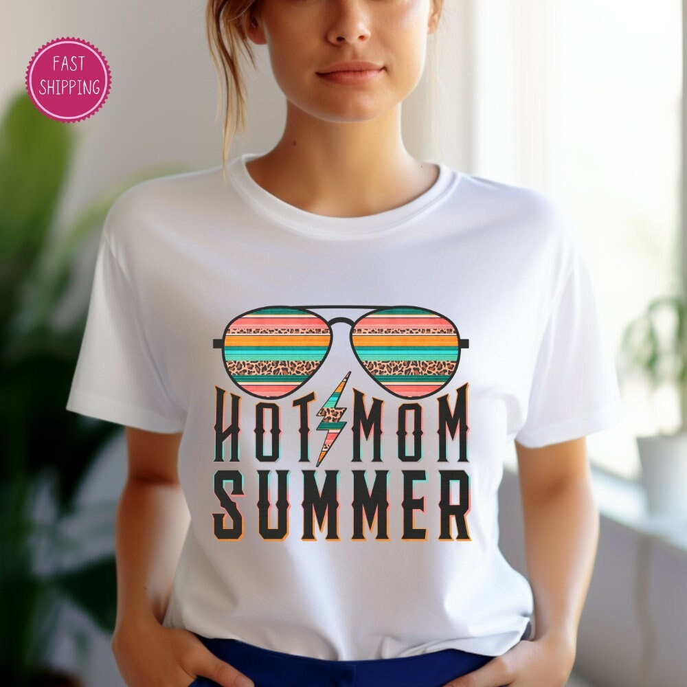 Fun and trendy &#39;Hot Mom Summer&#39; t-shirt with cool sunglasses design, perfect for the stylish mom enjoying summer vibes