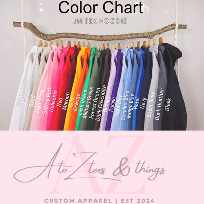 AtoZ Tees & Things Unisex Hoodie Color Chart, showcasing a spectrum of available colors from classic neutrals to vibrant shades. Ideal reference for selecting the perfect hue for personalized Christmas Hoodies or cozy winter Hoodies.