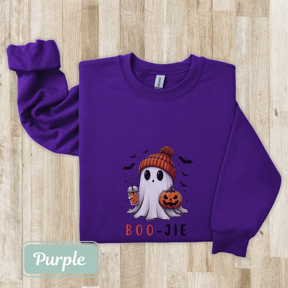 Purple Boojee Halloween sweatshirt featuring a cute ghost with a pumpkin and drink. Perfect for women, teachers, and moms. Ideal fall sweatshirt, spooky shirt, and cool Halloween shirt for Halloween party or happy Halloween gift