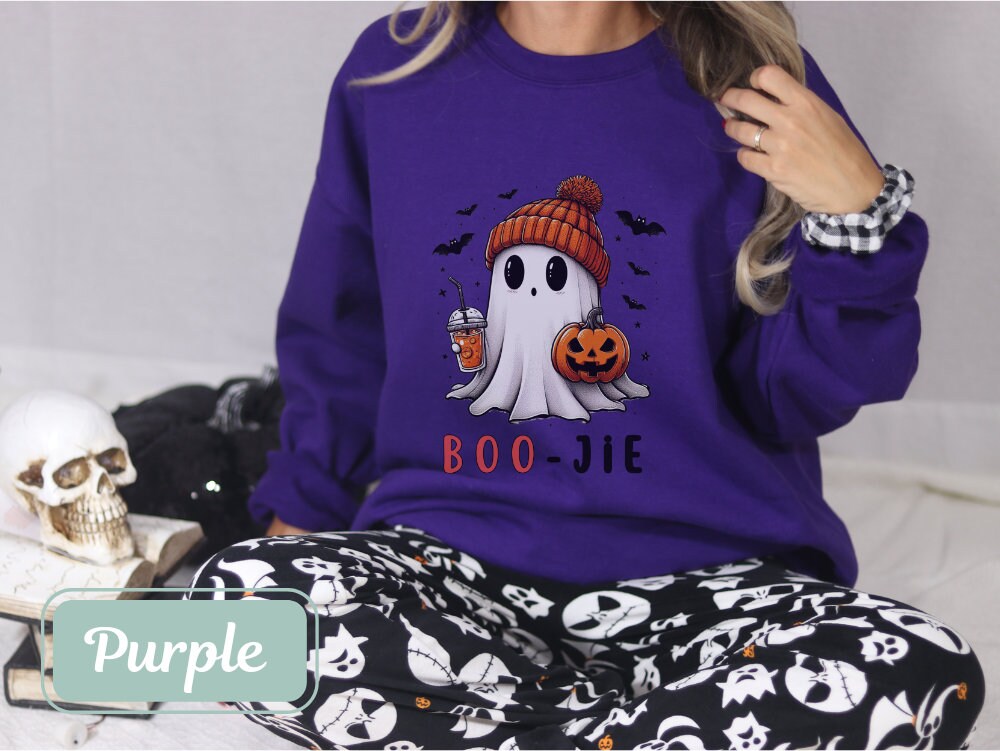 Purple Boojee Halloween sweatshirt featuring a cute ghost with a pumpkin and drink. Perfect for women, teachers, and moms. Ideal fall sweatshirt, spooky shirt, and cool Halloween shirt for Halloween party or happy Halloween gift