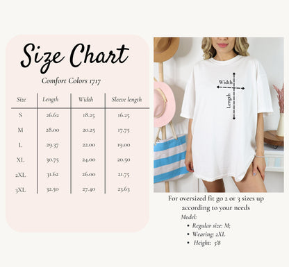 Comfort Colors 1717 size chart for t-shirts. Model shown for reference. Keywords: Comfort Colors size chart, t-shirt sizes, size guide, custom shirts, oversized fit, Etsy shop, AtoZTeesAndThings, custom apparel, size options, personalized shirts.