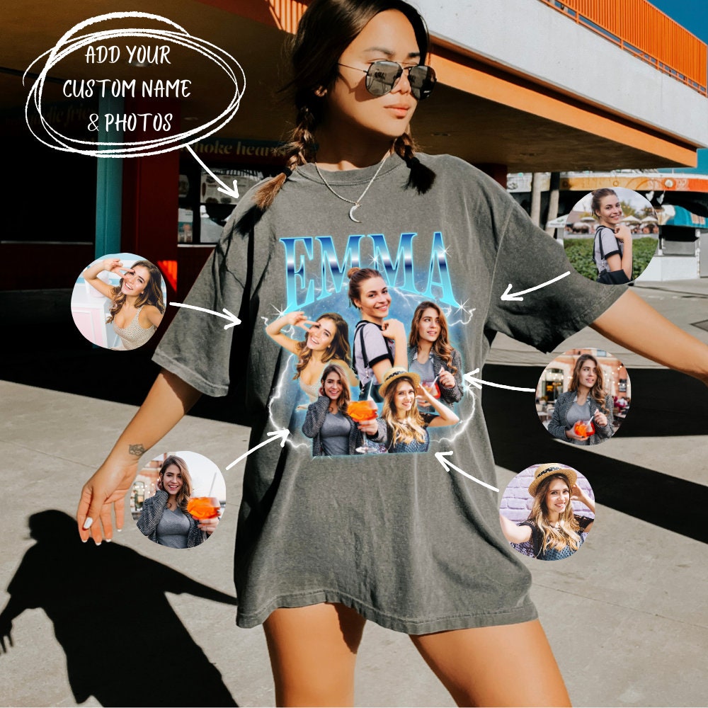 Trendy oversized custom shirt with &quot;EMMA&quot; in blue, featuring personalized photos. bootleg shirt, custom photo shirt, shirt with gf face, wife face shirt, comfort colors shirt, fiancé shirt, bachelorette, birthday shirt, bootleg rap, 90s rap tee.