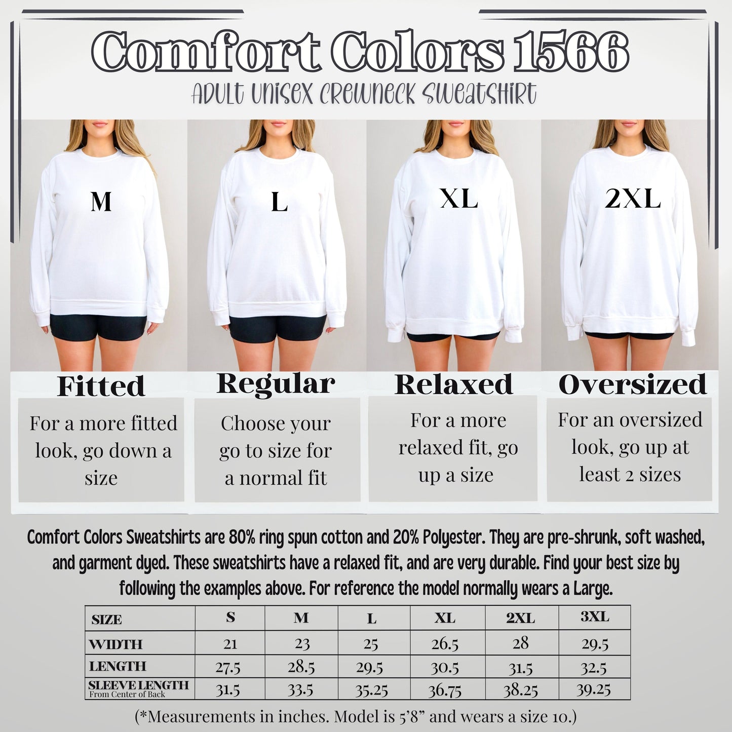 Comfort Colors size chart for sweatshirts. Sizes range from Small to 3X. Provides width and length measurements.