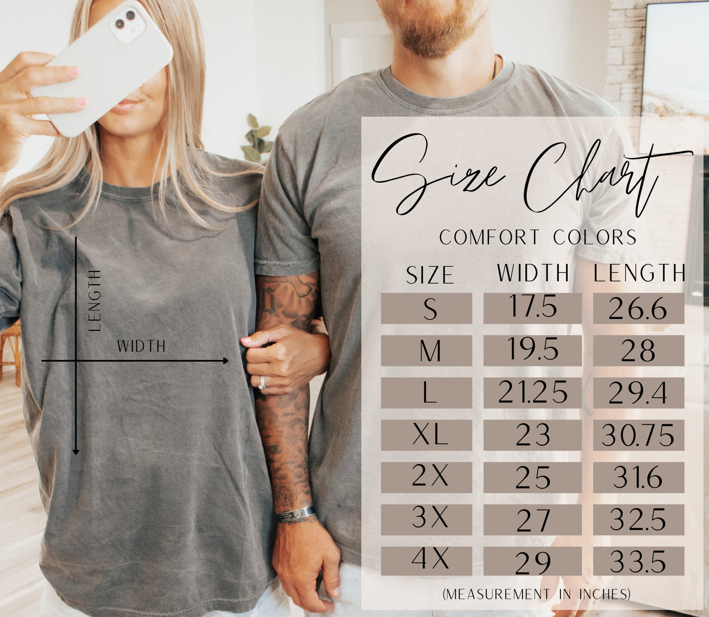 Comfort Colors size chart for t-shirts. Sizes range from Small to 4X. Provides width and length measurements.