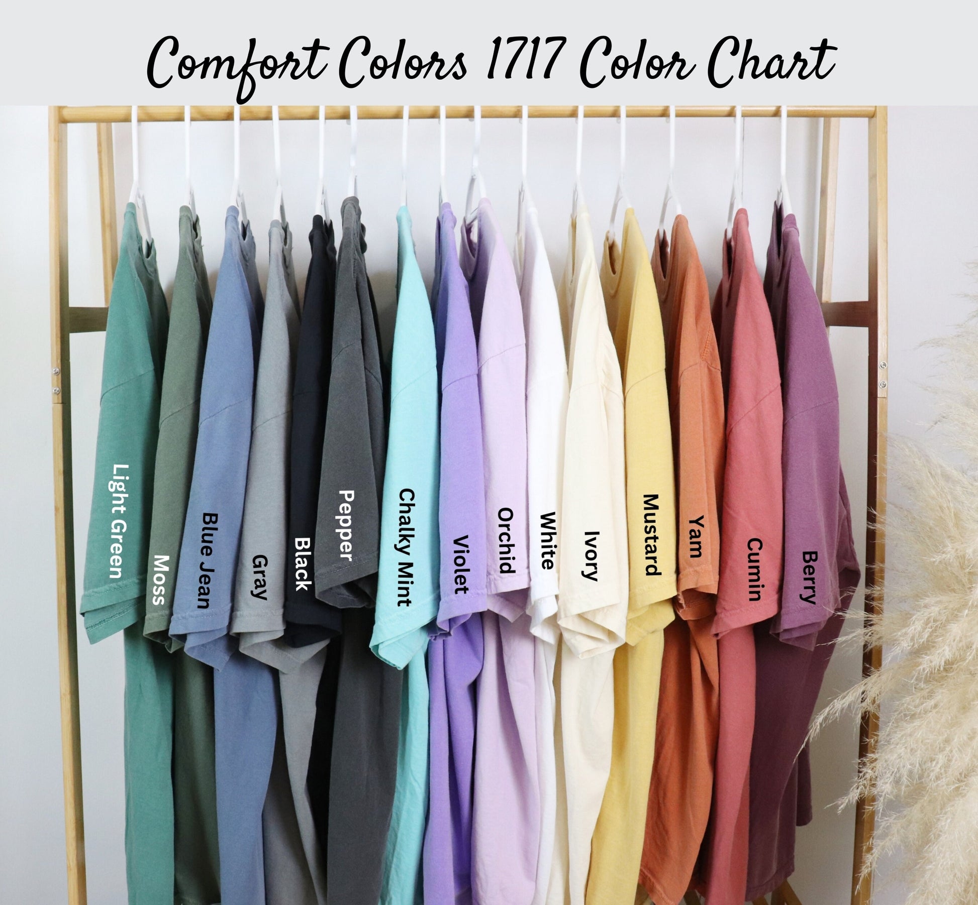 Comfort Colors 1717 color chart displaying a variety of t-shirt colors. Keywords: Comfort Colors chart, t-shirt colors, color options, custom shirts, Etsy shop, AtoZTeesAndThings, custom apparel, color selection, personalized shirts.