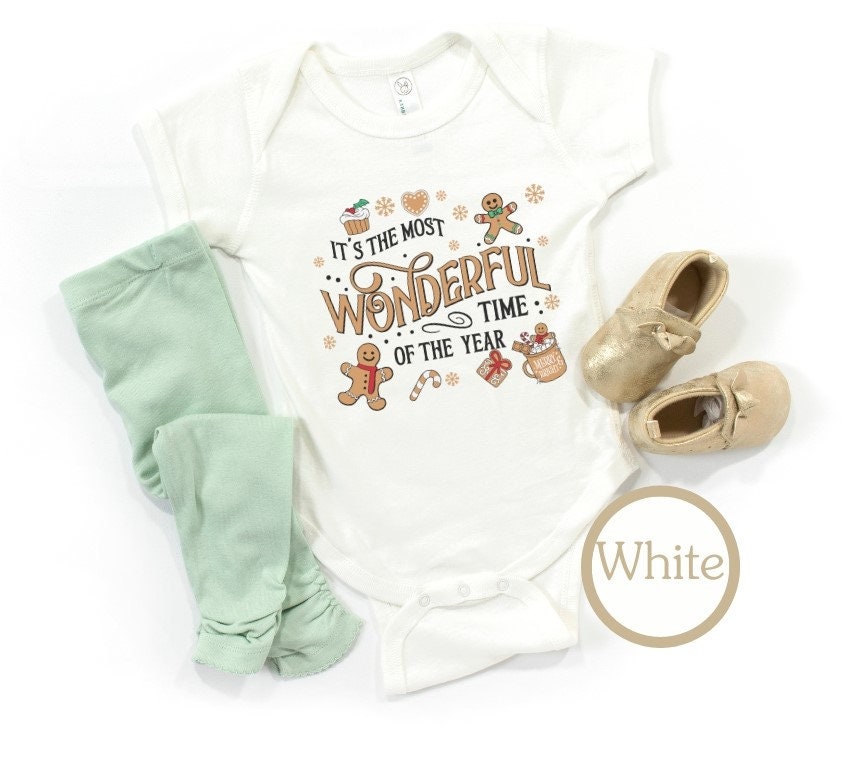 Adorable white holiday baby onesie for infants with a festive gingerbread and cookie theme, perfect for family Christmas photos, peace love new year celebrations, and matching Christmas outfits.