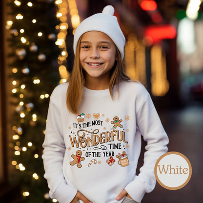 Adorable white holiday sweatshirt for kids with a festive gingerbread and cookie theme, perfect for family Christmas photos, peace love new year celebrations, and matching Christmas outfits.