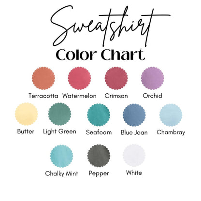 Sweatshirt color chart showing 12 different colors including Terracotta, Watermelon, Crimson, Orchid, Butter, Light Green, Seafoam, Blue Jean, Chambray, Chalky Mint, Pepper, and White. Ideal for those choosing color options for custom sweatshirts.