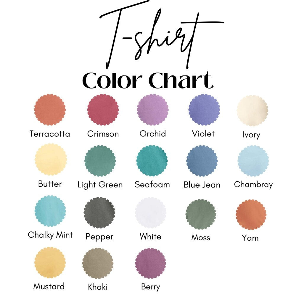 T-shirt color chart displaying 20 color options such as Terracotta, Crimson, Orchid, Violet, Ivory, Butter, Light Green, Seafoam, Blue Jean, Chambray, Chalky Mint, Pepper, White, Moss, Yam, Mustard, Khaki, and Berry. Perfect for t-shirt colors.