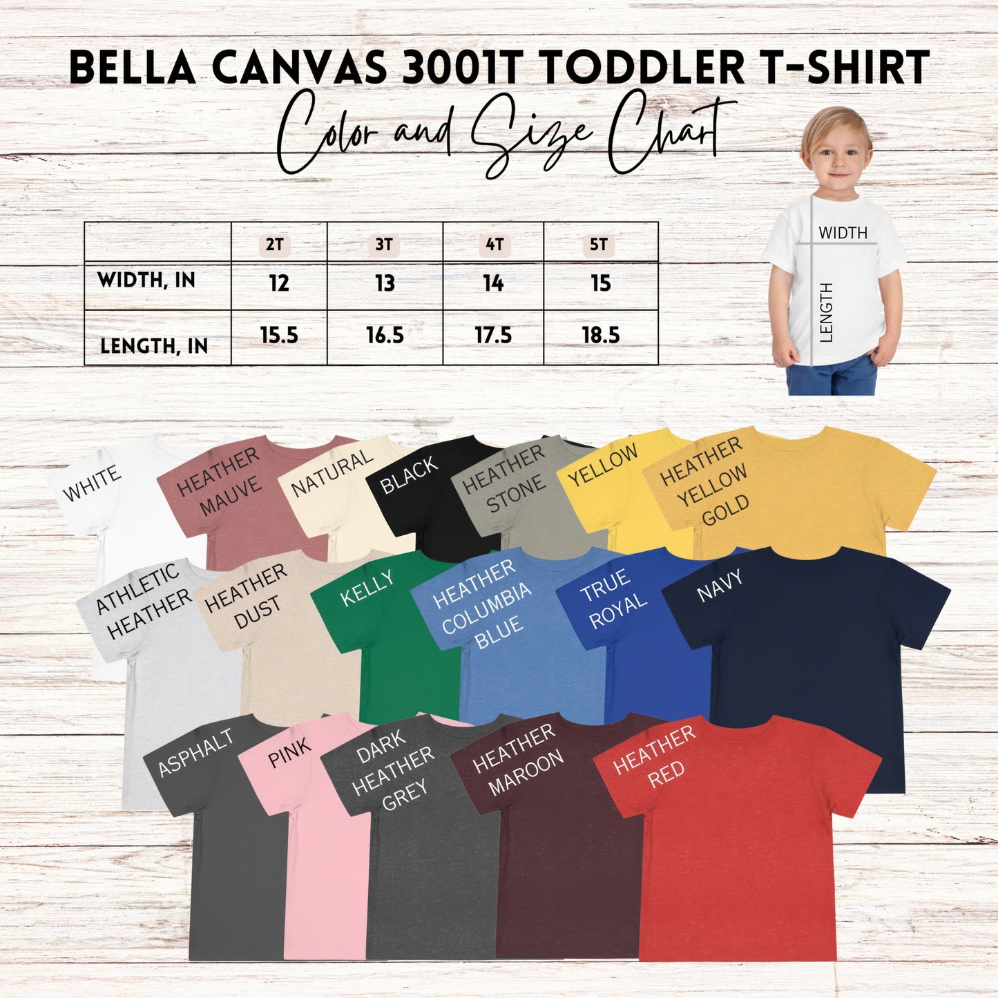 Bella Canvas 3001T toddler t-shirt size chart with a variety of colors. Perfect for reading shirts, literary shirts, and teacher gifts. Ideal for book lovers, teacher appreciation, and book club designs.