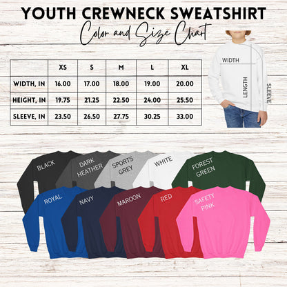 Youth crewneck sweatshirt size chart featuring vibrant colors. Ideal for book lover shirts, bookish gifts, and teacher appreciation designs. Perfect for trendy literary t-shirts and funny teacher gifts.