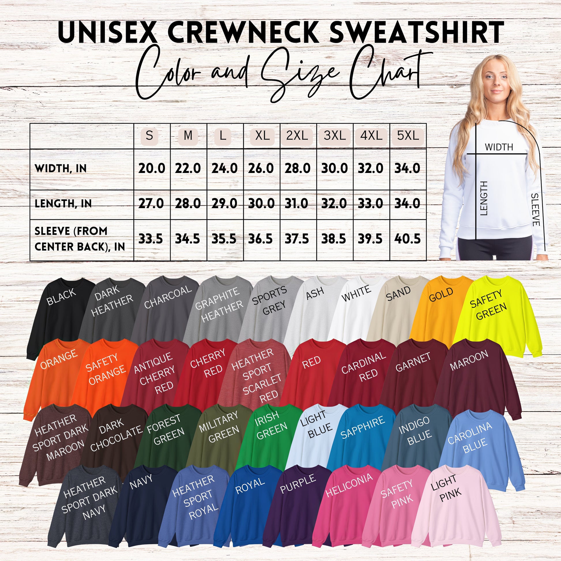 Size chart for crewneck sweatshirts. Displays width, length, & sleeve measurements in inches for sizes S to 5XL. Colors: Black, Red, Maroon, Ash, White, Sand, Navy, & more. Keywords: unisex sweatshirt, size chart, crewneck sweater, Gildan sweatshirt.