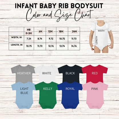 Color & size chart for Infant Baby Rib Bodysuits. Includes width & length measurements in inches for sizes NB to 24M. Colors: Heather, White, Black, Red, Light Blue, Kelly, Royal, Pink. Keywords: infant bodysuit, baby size chart, baby onesie.