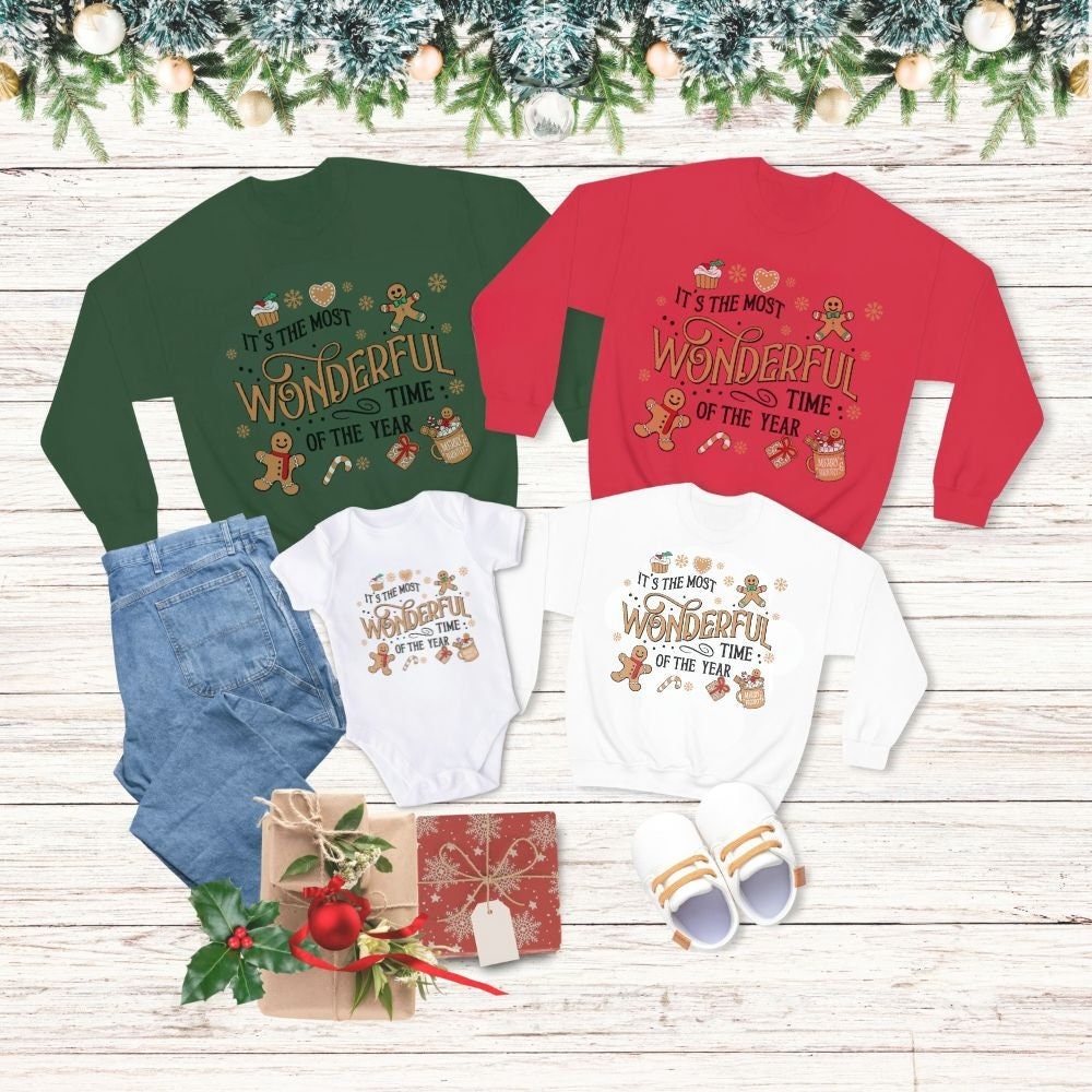 Family matching Christmas sweatshirts in various colors, featuring a cute gingerbread and holiday theme. Perfect for creating special Christmas memories and holiday photos.