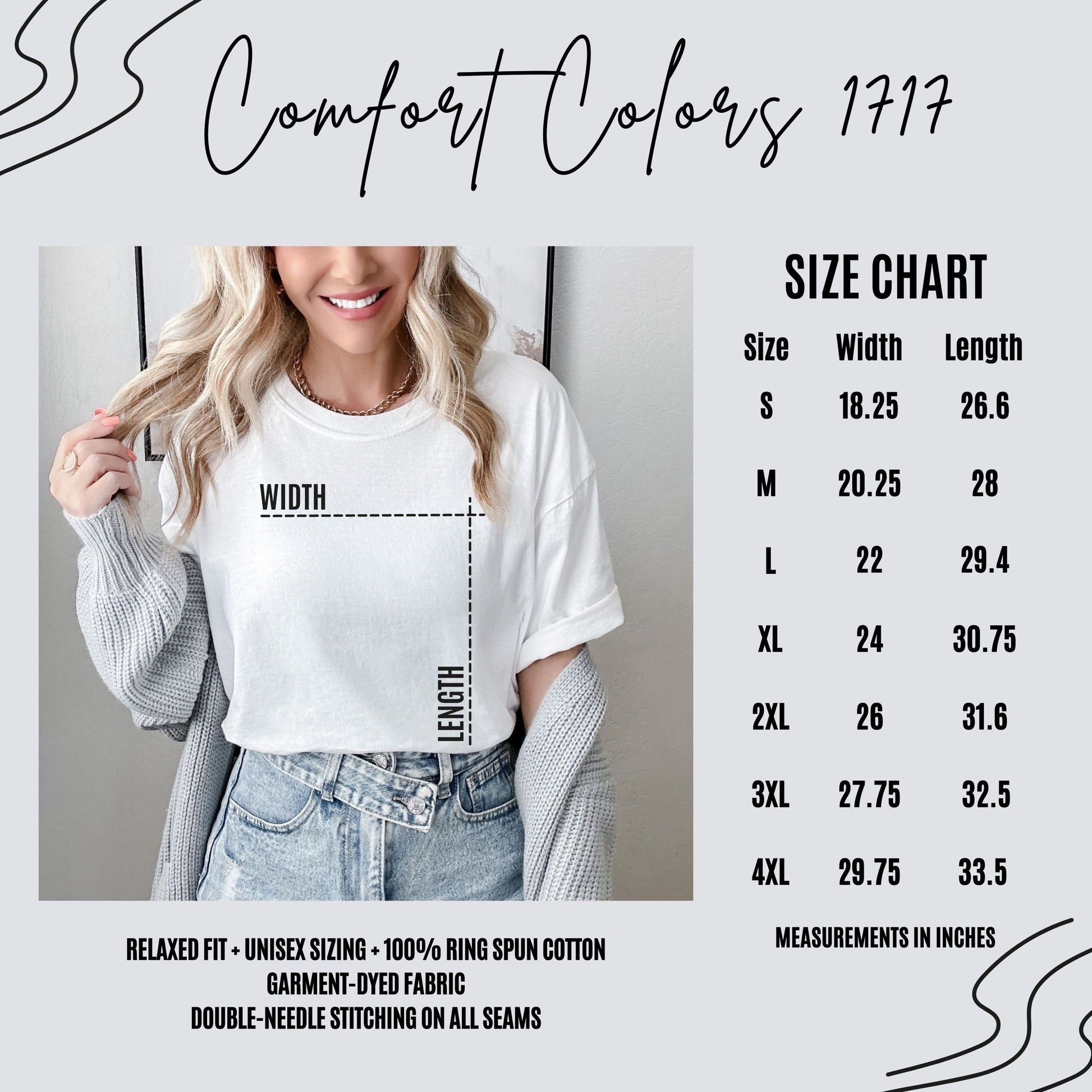 Comfort Colors 1717 t-shirt size chart for unisex garment-dyed shirts. Sizes from S to 4XL, ideal for bookish shirts, teacher appreciation gifts, and trendy literary t-shirts. Perfect for book clubs and teacher teams.