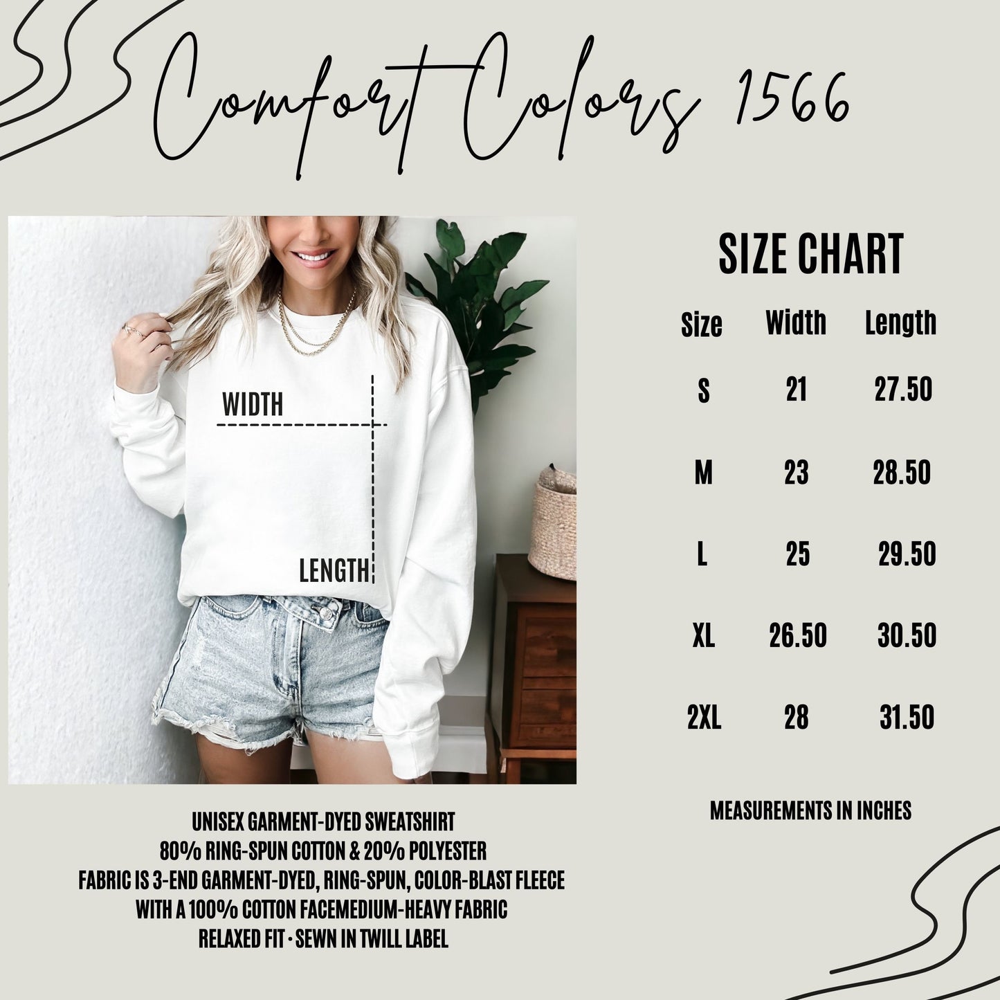 Comfort Colors 1566 sweatshirt size chart for unisex garment-dyed apparel. Available in S to 2XL, perfect for trendy reading shirts, teacher gifts, and book club shirts. Ideal for creating funny teacher and literary shirts.