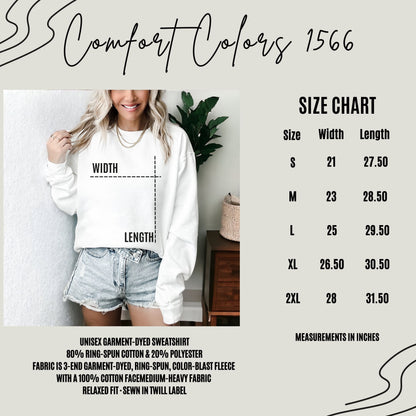 Comfort Colors 1566 sweatshirt size chart for unisex garment-dyed apparel. Available in S to 2XL, perfect for trendy reading shirts, teacher gifts, and book club shirts. Ideal for creating funny teacher and literary shirts.