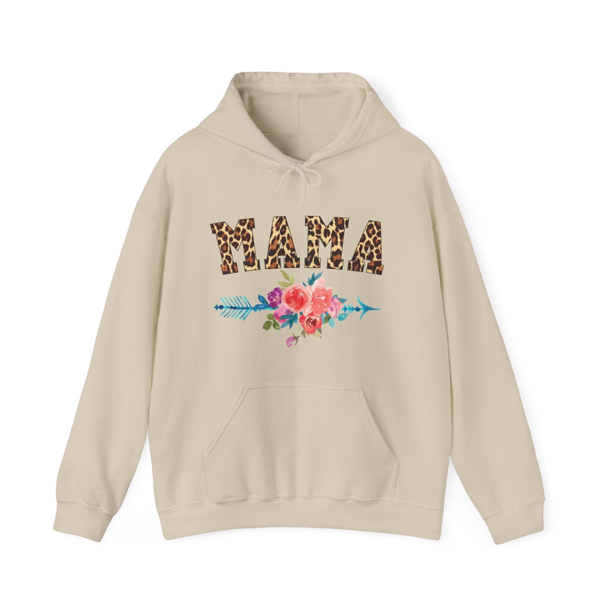 Celebrate motherhood with the 'Mama Arrow Flowers' hooded sweatshirt, featuring a beautiful blend of floral design and modern typography, a warm Mother's Day gift for cherished moms – available now at D1gital Emporium US.