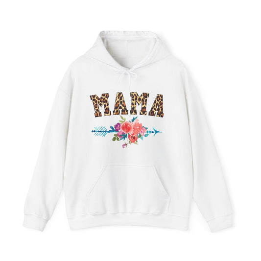 Celebrate motherhood with the 'Mama Arrow Flowers' hooded sweatshirt, featuring a beautiful blend of floral design and modern typography, a warm Mother's Day gift for cherished moms – available now at D1gital Emporium US.