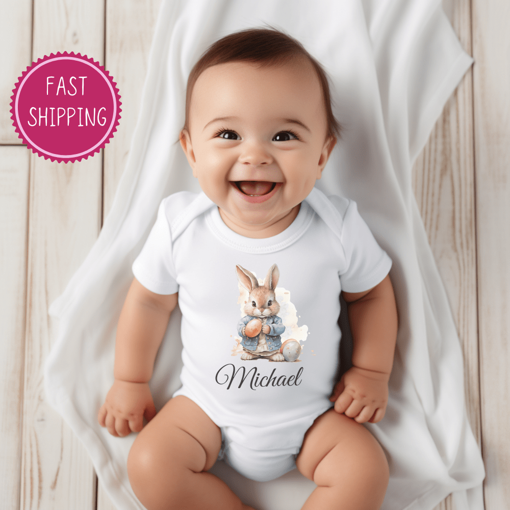 Customizable infant baby rib bodysuit with Easter-themed personalization options, showcasing soft, high-quality cotton fabric ideal for a memorable first Easter gift.