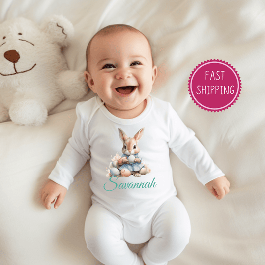 Customizable infant baby long sleeve bodysuit with Easter-themed personalization options, showcasing soft, high-quality cotton fabric ideal for a memorable first Easter gift.