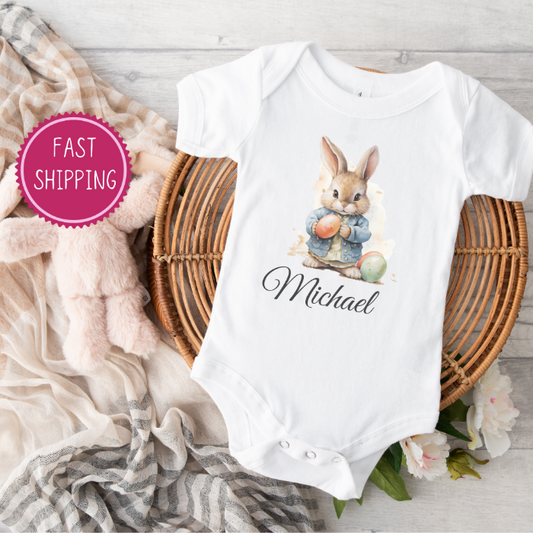 Customizable infant baby rib bodysuit with Easter-themed personalization options, showcasing soft, high-quality cotton fabric ideal for a memorable first Easter gift.