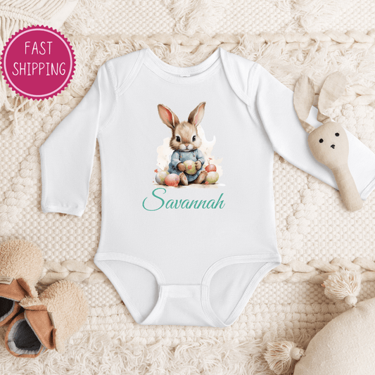 Customizable infant baby long sleeve bodysuit with Easter-themed personalization options, showcasing soft, high-quality cotton fabric ideal for a memorable first Easter gift.
