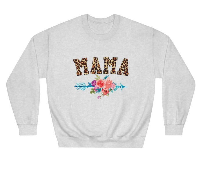 Stylish 'Mama' crewneck sweatshirt with leopard print letters and colorful floral arrow design, a perfect Mother's Day present for fashionable moms – get it at D1gital Emporium US.