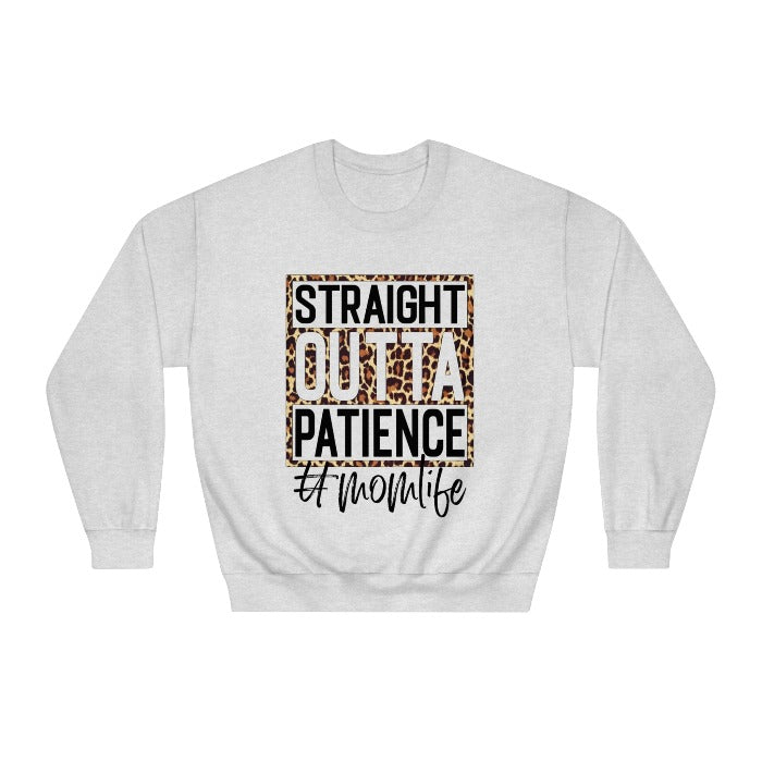 Find humor in parenting with the 'Straight Outta Patience #momlife' crewneck sweatshirt, featuring trendy leopard print, a must-have for moms with a sense of humor this Mother's Day – get it now at D1gital Emporium US