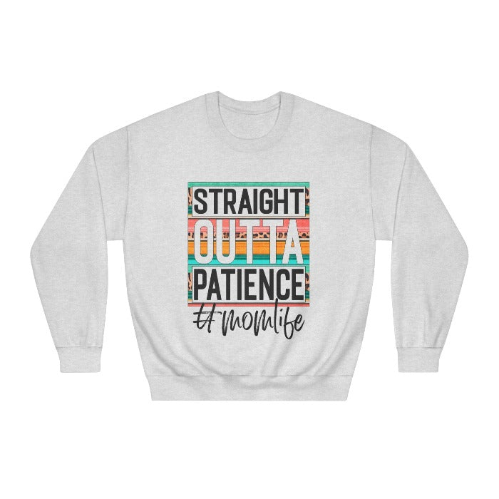 Find humor in parenting with the 'Straight Outta Patience #momlife' crewneck sweatshirt, featuring trendy leopard print, a must-have for moms with a sense of humor this Mother's Day – get it now at D1gital Emporium US.