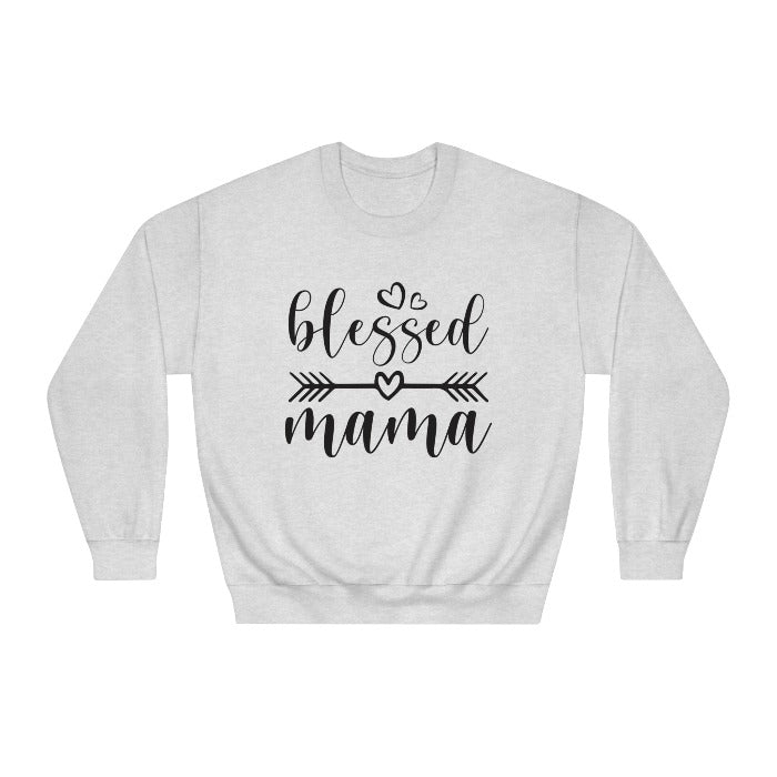 Show love for mom with the elegant 'Blessed Mama' crewneck sweatshirt, adorned with heart and arrow graphics, an ideal cozy and heartfelt Mother's Day gift – shop at D1gital Emporium US.