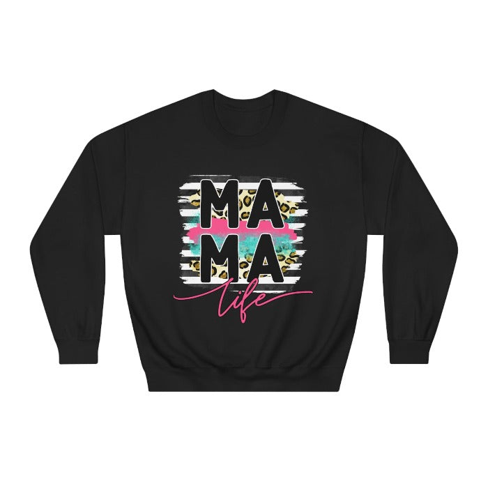 Embrace motherhood with style in this 'MAMA LIFE' crewneck sweatshirt featuring a modern leopard print and splash paint design, the perfect chic and comfy Mother's Day gift – exclusively at D1gital Emporium US