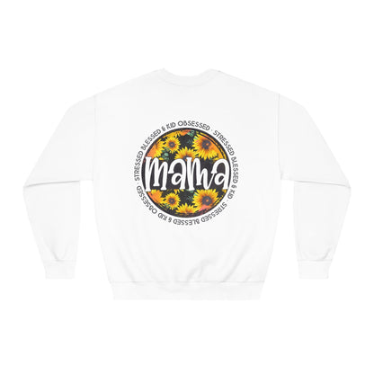 Celebrate motherhood with the 'Mama: Blessed & Stressed' crewneck sweatshirt, perfect for showing the multifaceted life of moms, a thoughtful Mother's Day gift – available now at D1gital Emporium US.
